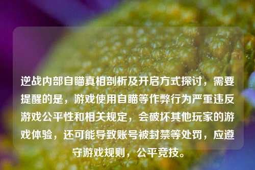 逆战内部自瞄真相剖析及开启方式探讨,需要提醒的是,游戏使用自瞄等作弊行为严重违反游戏公平性和相关规定,会破坏其他玩家的游戏体验,还可能导致账号被封禁等处罚,应遵守游戏规则,公平竞技。