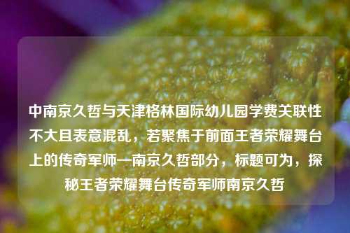 中南京久哲与天津格林国际幼儿园学费关联性不大且表意混乱，若聚焦于前面王者荣耀舞台上的传奇军师—南京久哲部分，标题可为，探秘王者荣耀舞台传奇军师南京久哲
