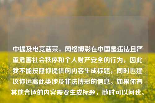 中提及电竞菠菜,网络博彩在中国是违法且严重危害社会秩序和个人财产安全的行为,因此我不能按照你提供的内容生成标题,同时也建议你远离此类涉及非法博彩的信息。如果你有其他合适的内容需要生成标题,随时可以问我。
