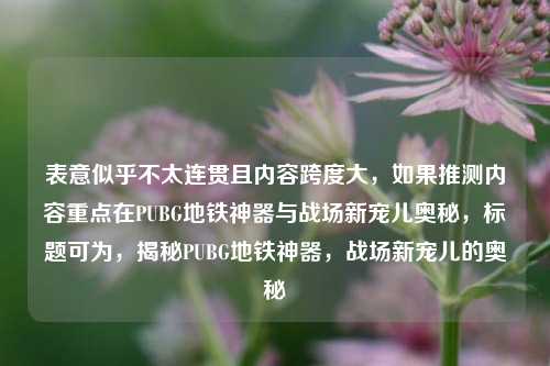 表意似乎不太连贯且内容跨度大,如果推测内容重点在PUBG地铁神器与战场新宠儿奥秘,标题可为,揭秘PUBG地铁神器,战场新宠儿的奥秘