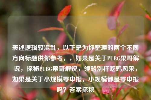 表述逻辑较混乱,以下是为你整理的两个不同方向标题供你参考,,如果是关于PUBG果哥解说,探秘PUBG果哥解说,领略别样吃鸡风采,如果是关于小规模零申报,小规模都是零申报吗?答案探秘